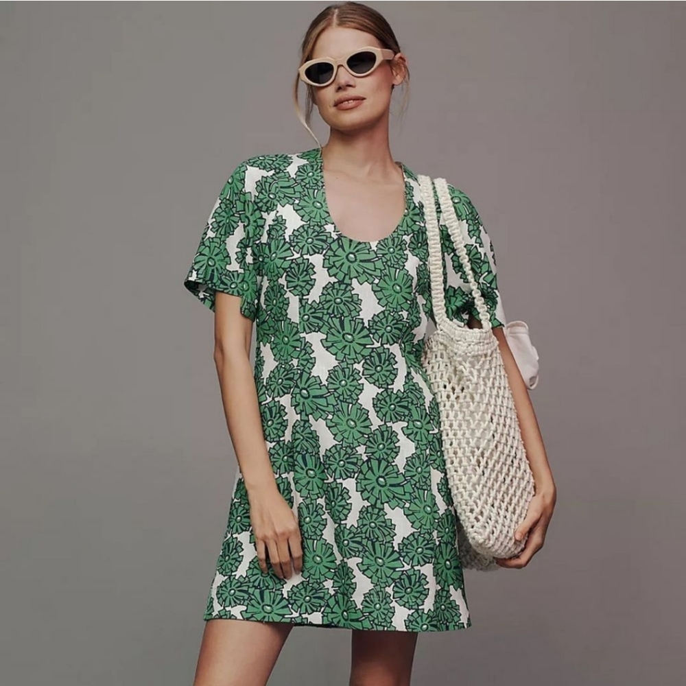 Porridge Short-Sleeve Crew-Neck Linen Printed Mini Dress